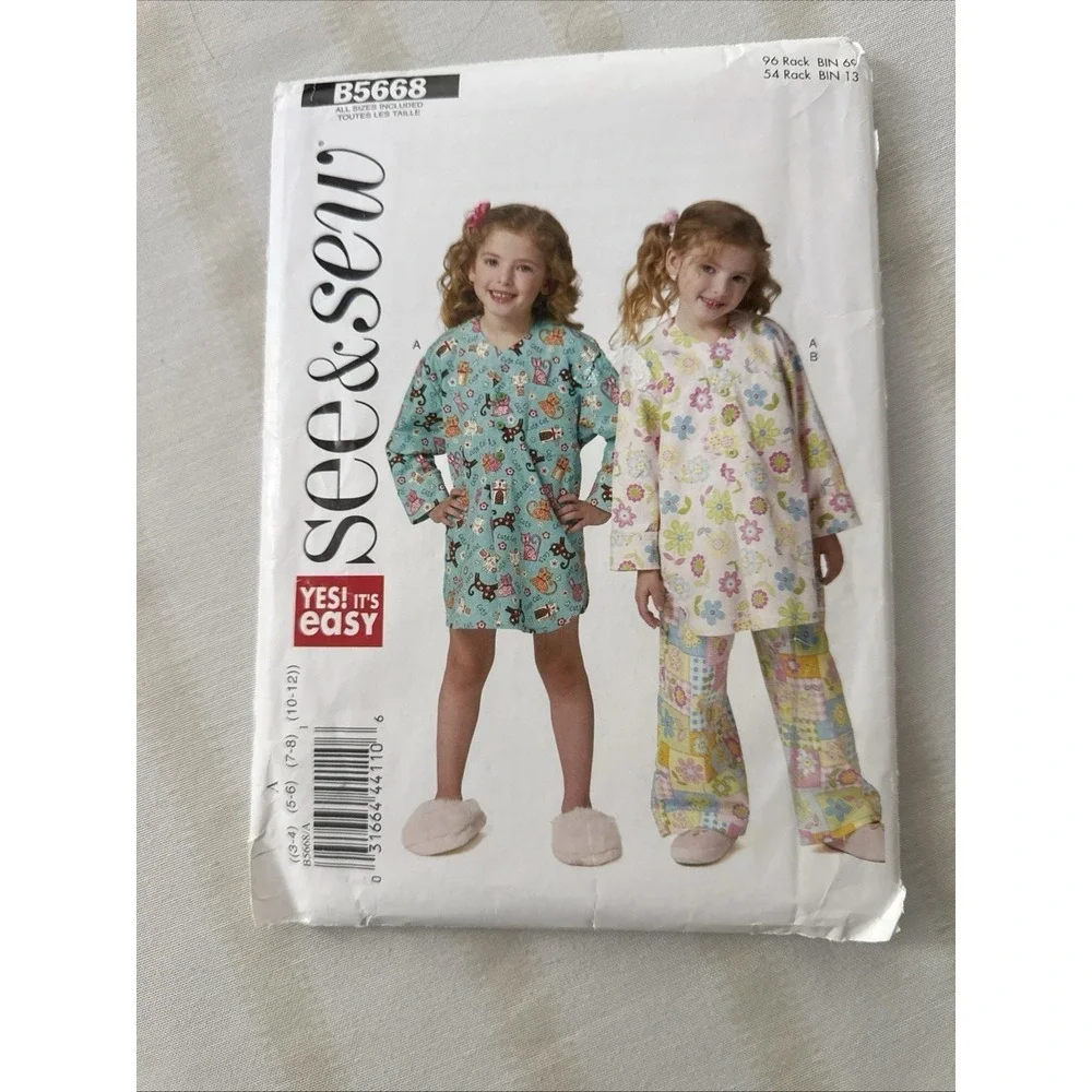 See & Sew B5668 Pattern Girls Nightshirt Pajamas Sizes 3-12 Butterick Uncut